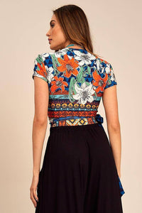 Yacamim F2 Red Printed Short Sleeve Wrap Cropped