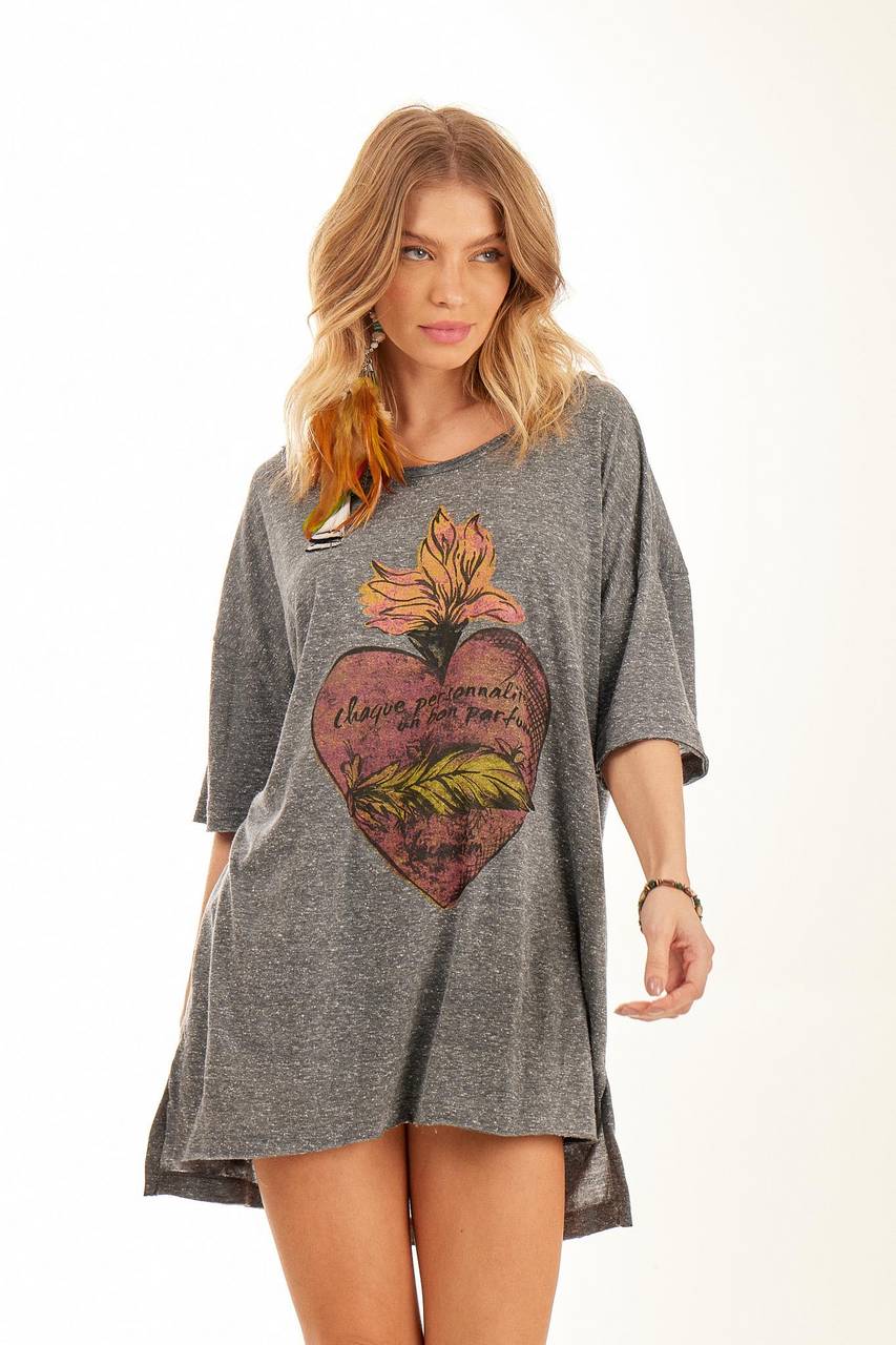 Yacamim Melange Grey Exclusive Print Loose Basic T-Shirt