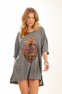 Yacamim Melange Grey Exclusive Print Loose Basic T-Shirt