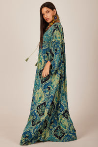 Long Dress with Puffed Sleeves Green Printed Yacamim C11