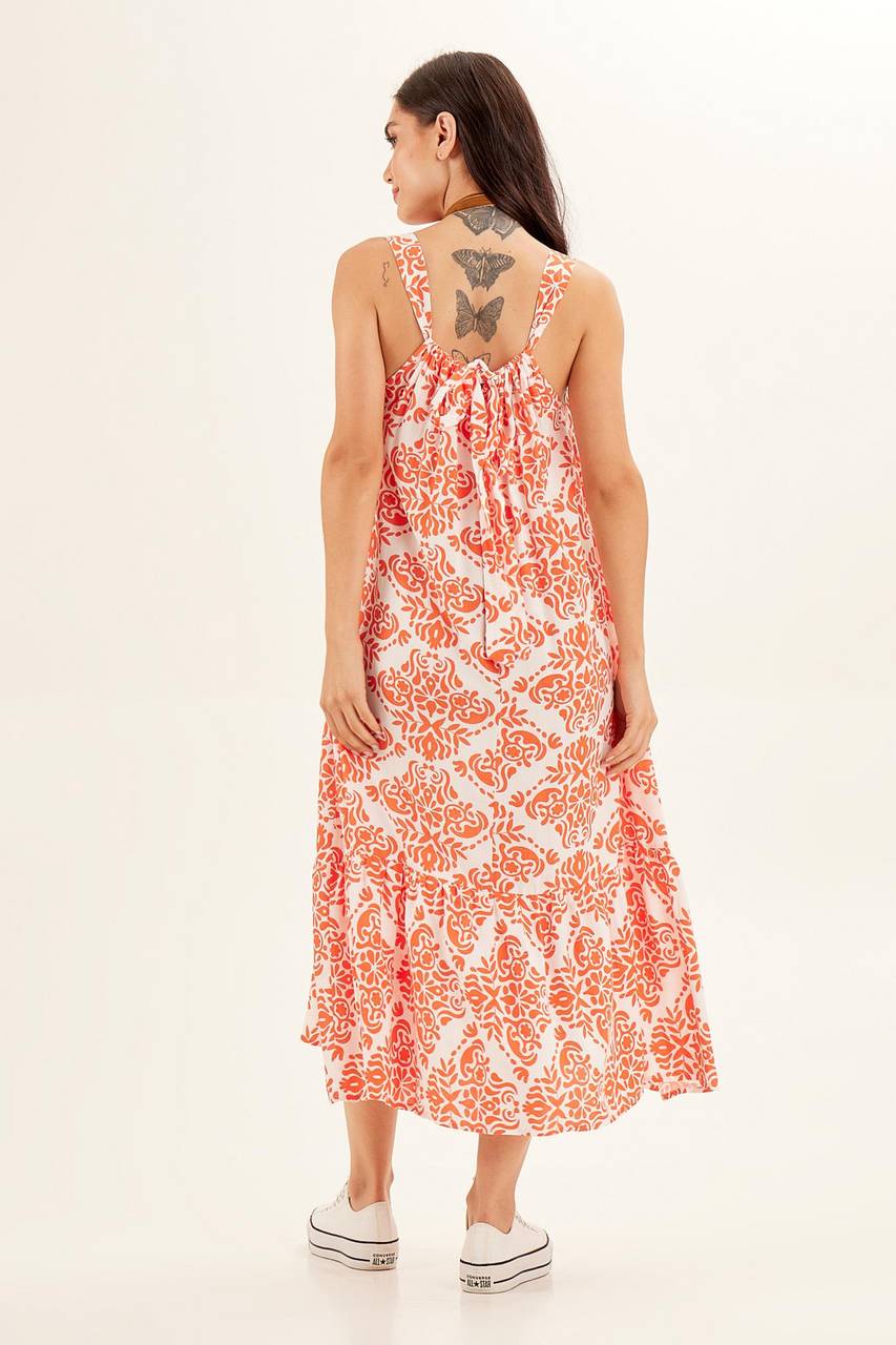 Yacamim Printed Orange Ruffled Strap Midi Dress