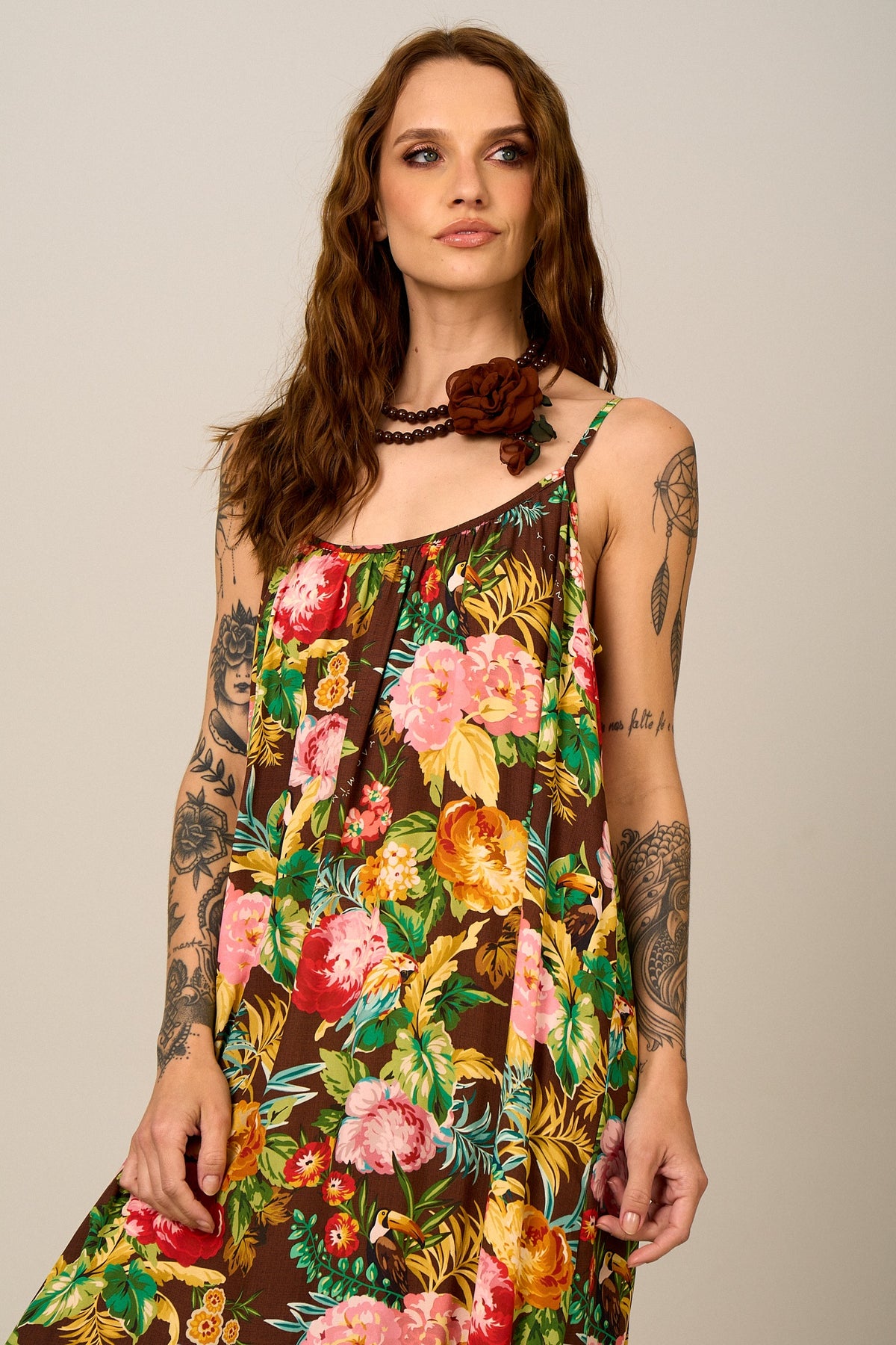 Yacamim C16 Floral Brown Long Dress with Adjustable Straps