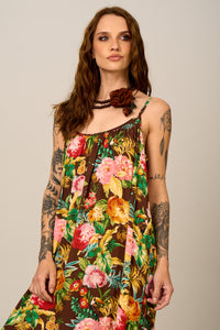 Yacamim C16 Floral Brown Long Dress with Adjustable Straps