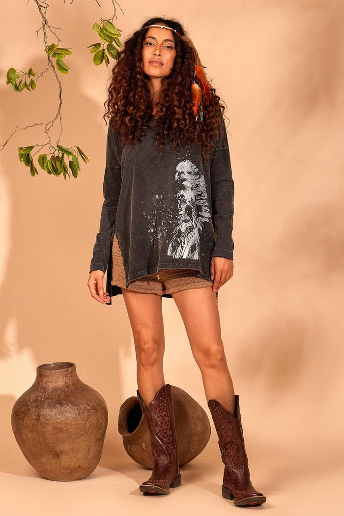 Yacamim Garment-Dyed Graphite Blouse with Slits