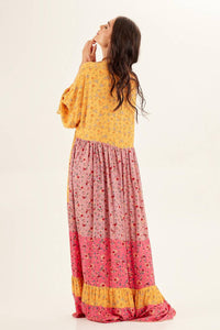 Yacamim Pink and Yellow Patchwork Flowy Long Dress with Flowy Sleeves