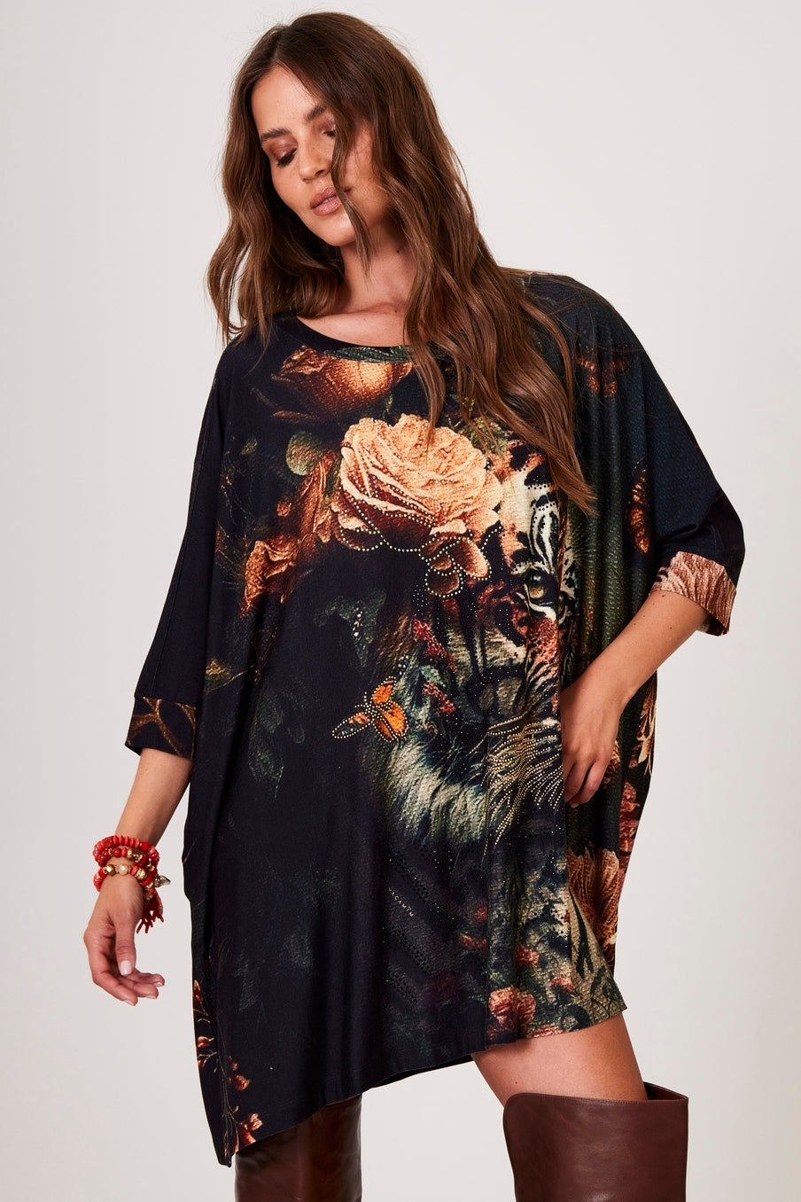 Yacamim B24 Black Extended Loose Tunic with Tiger Print and Studs