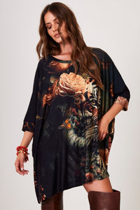Yacamim B24 Black Extended Loose Tunic with Tiger Print and Studs