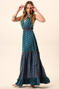 Yacamim C19 Blue Patchwork Long Dress with Shirred Halter Neckline