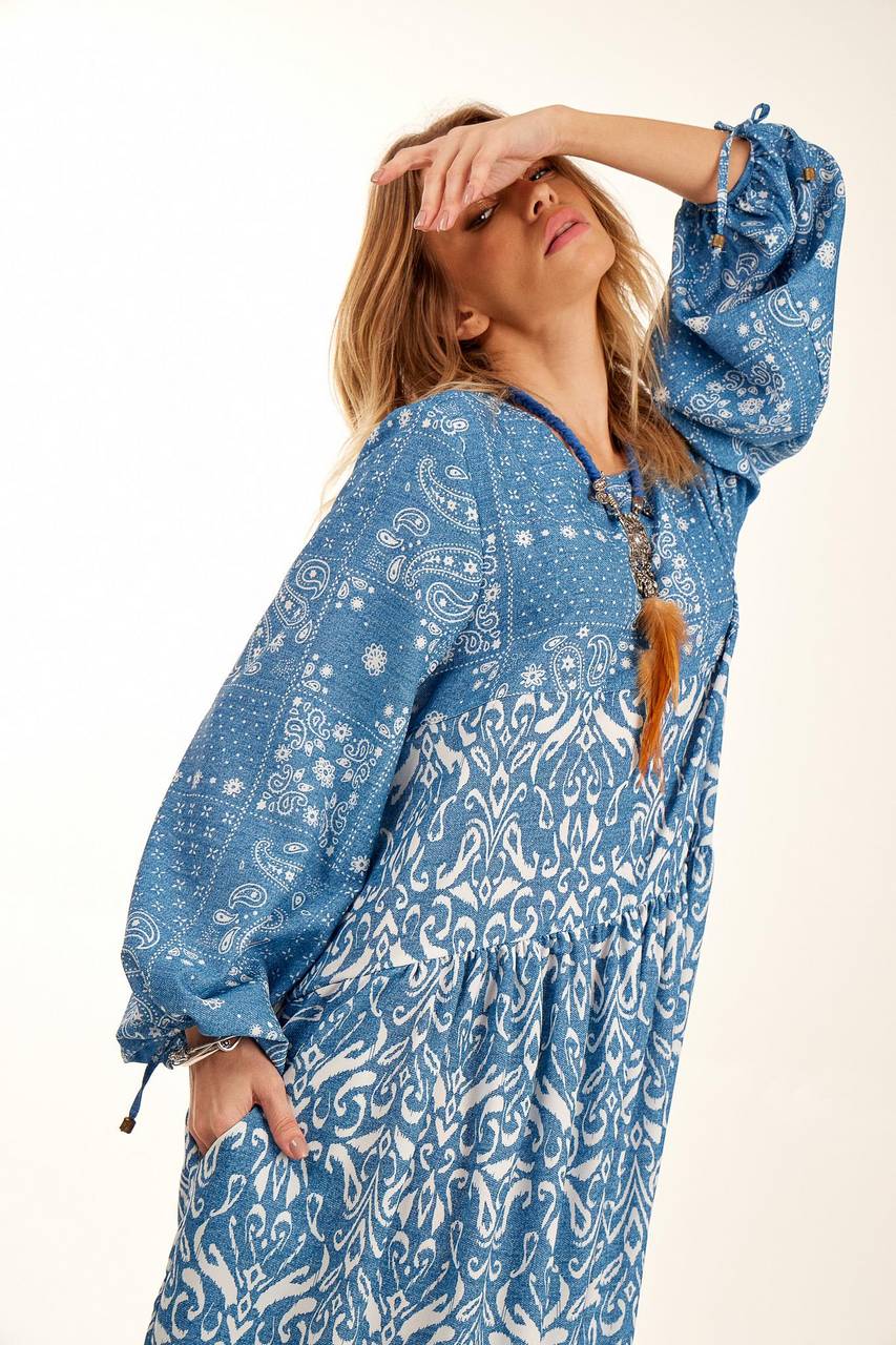 Blue Patchwork Yacamim Long Polyester Dress With Puffy Sleeves