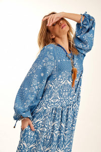 Blue Patchwork Yacamim Long Polyester Dress With Puffy Sleeves