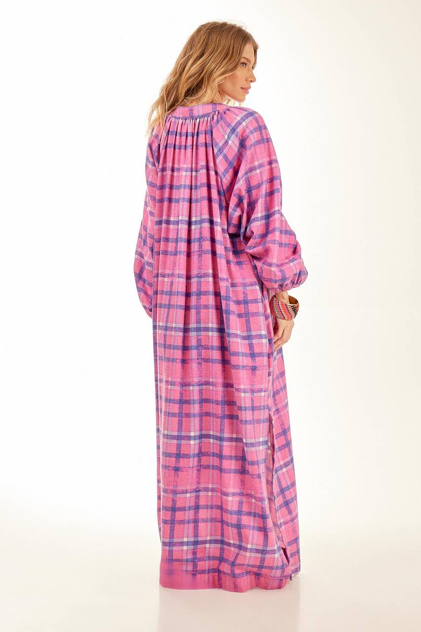 Yacamim Pink Plaid Long Dress with Puffy Long Sleeves