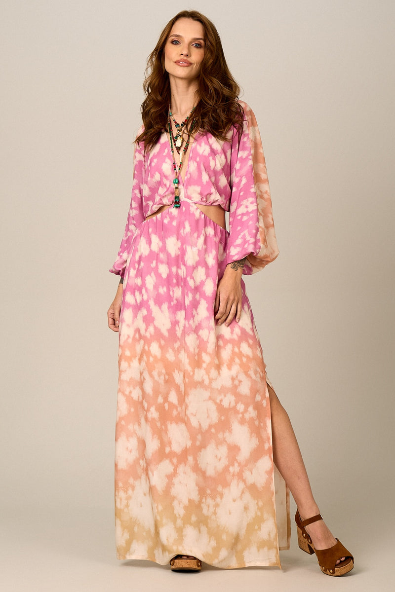 Pink and Orange Tie-Dye Cutout Long Dress Yacamim C17