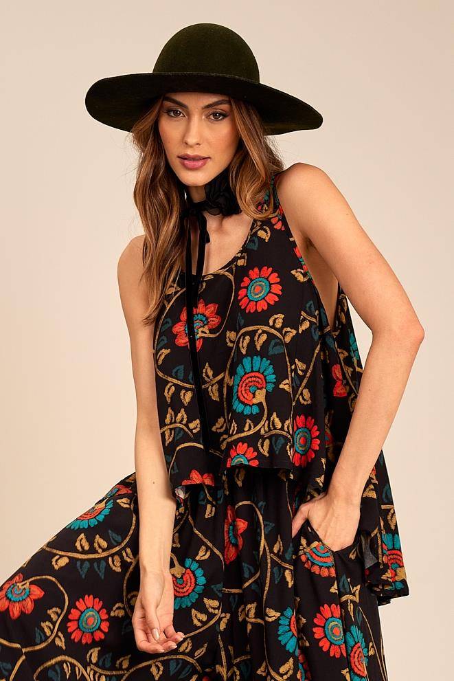 Printed Black Loose Basic Tank Top