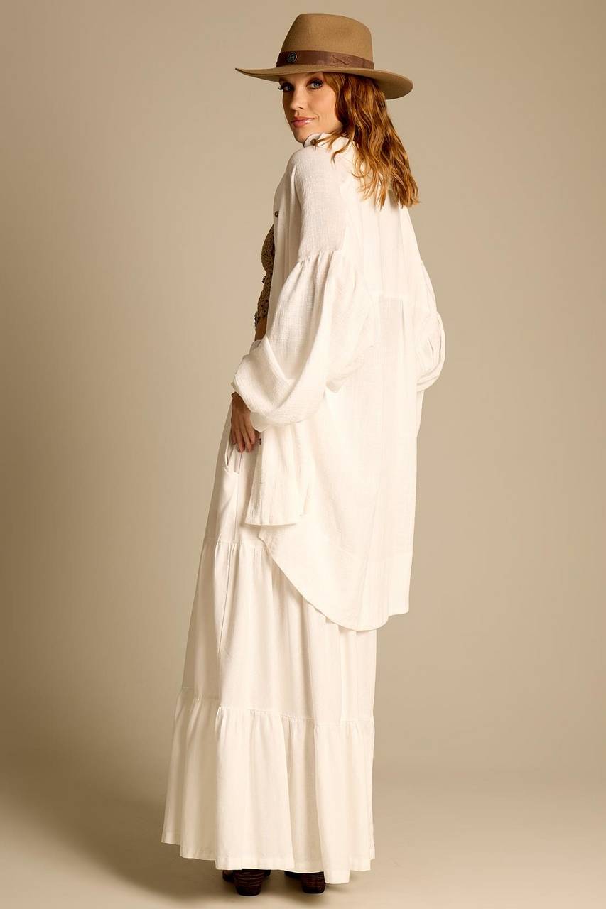 Yacamim F24 Women's White Long Linen Skirt with Braided Belt