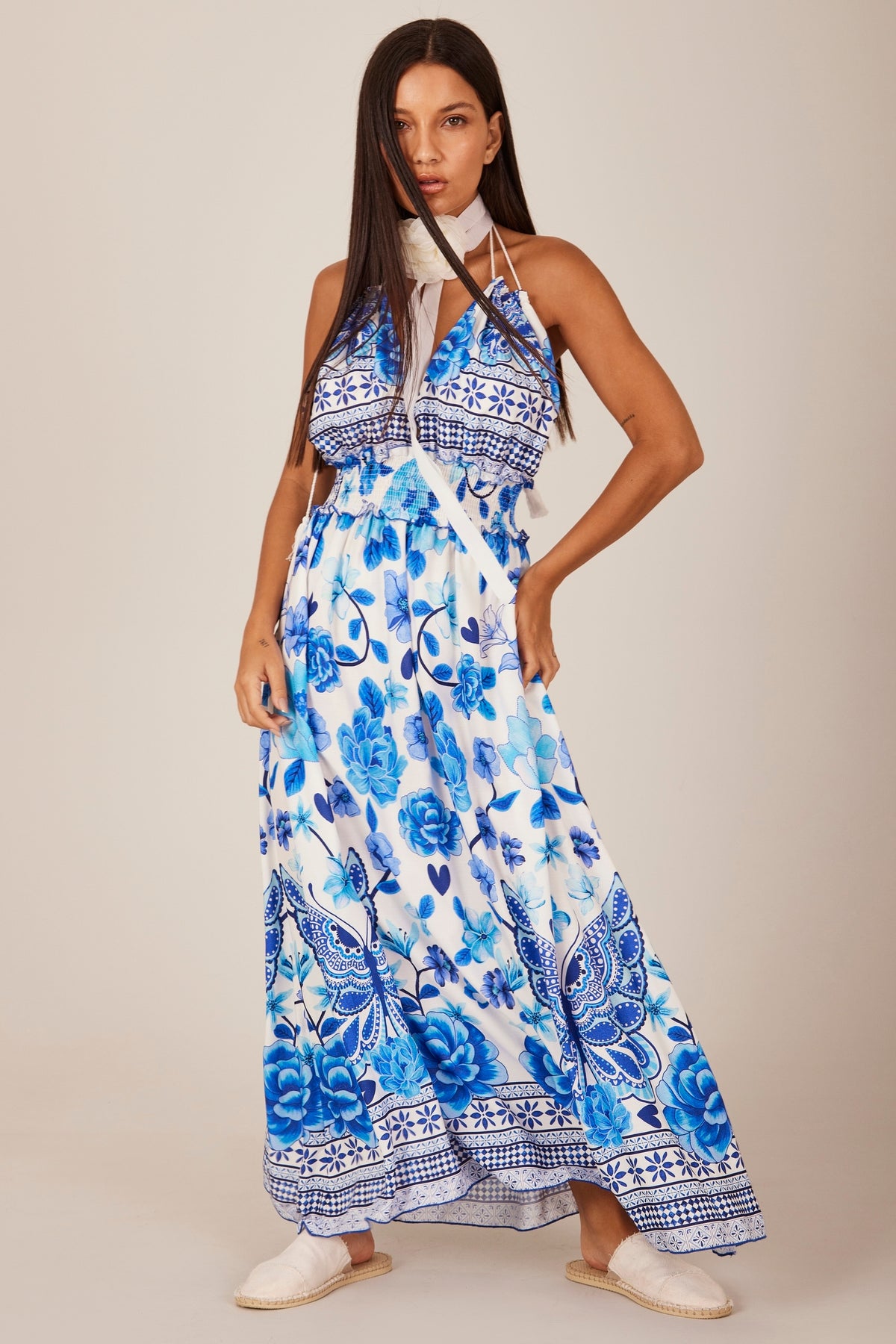 Yacamim D18 Printed Blue Halter Midi Dress