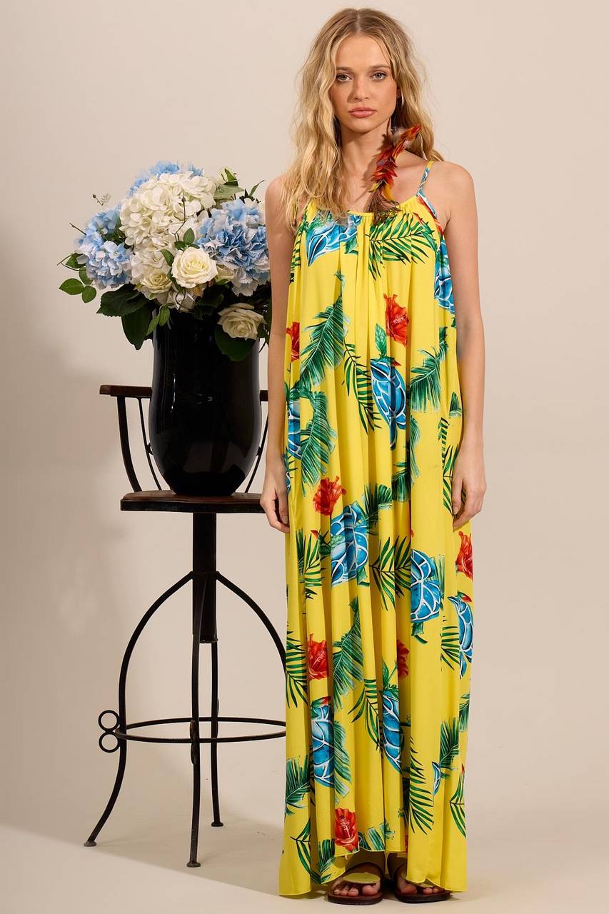 Yacamim C17 Yellow Printed Long Dress with Tie Straps