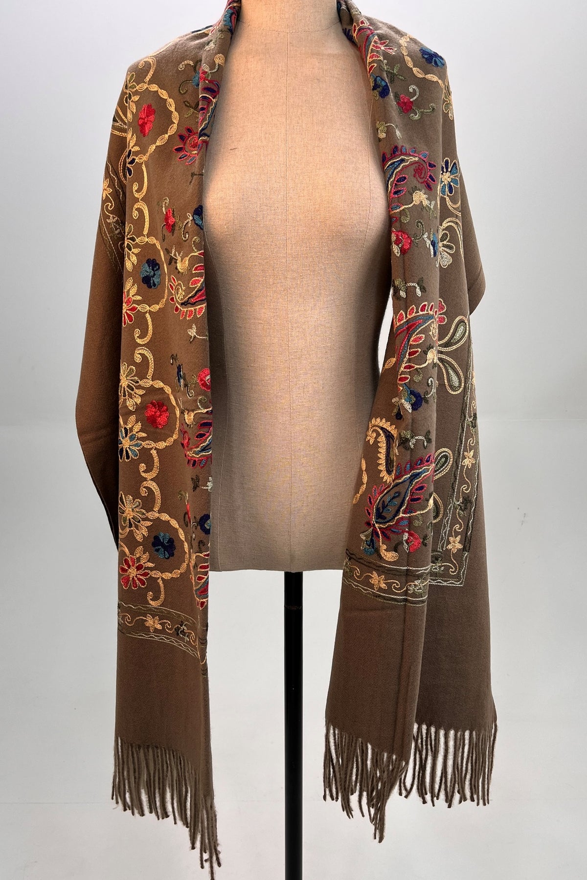 Embroidered Brown Cashmere Scarf Yacamim #327