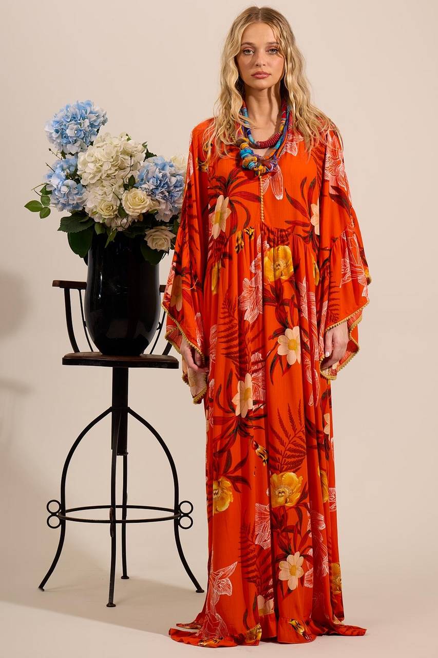 Yacamim D12 Orange Printed Long Dress with Flared Long Sleeves
