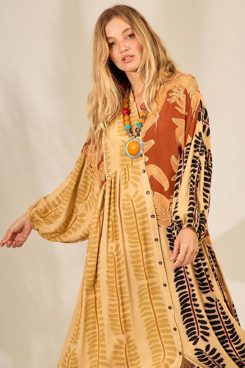 Light Brown Long Chemise Dress with Patchwork Print Yacamim