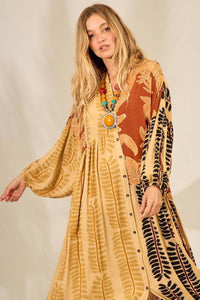 Light Brown Long Chemise Dress with Patchwork Print Yacamim