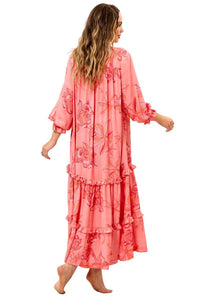 Yacamim E15 Pink Printed Long Sleeve Midi Shirt Dress