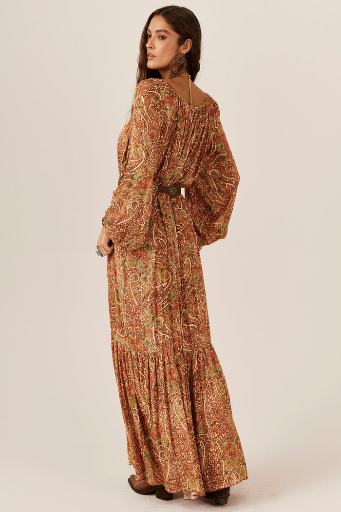 Dark Beige Paisley Lurex Long Dress Yacamim E14