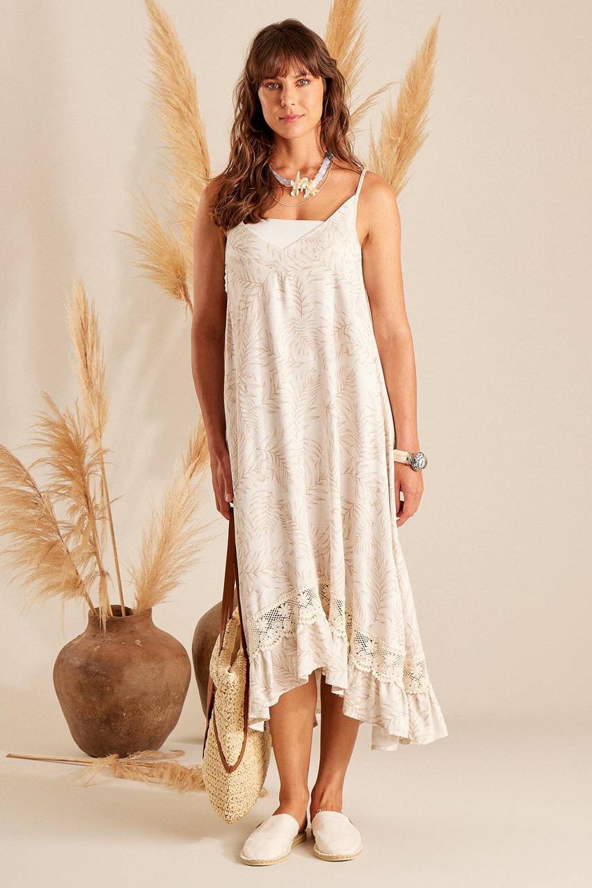 Yacamim Printed Beige Mullet Dress with Lace Details and Straps