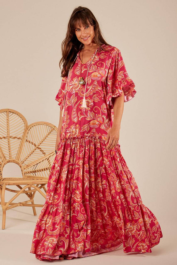 Yacamim Women's Pink Cashmere Print Shirred V-Neck Maxi Dress