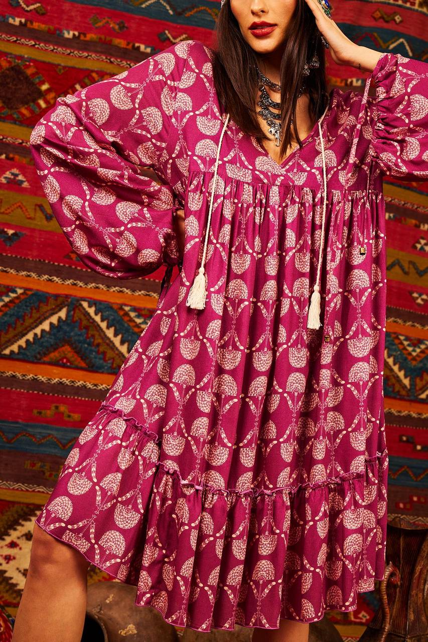 Loose Short Dress with V-neck Purple Printed Yacamim