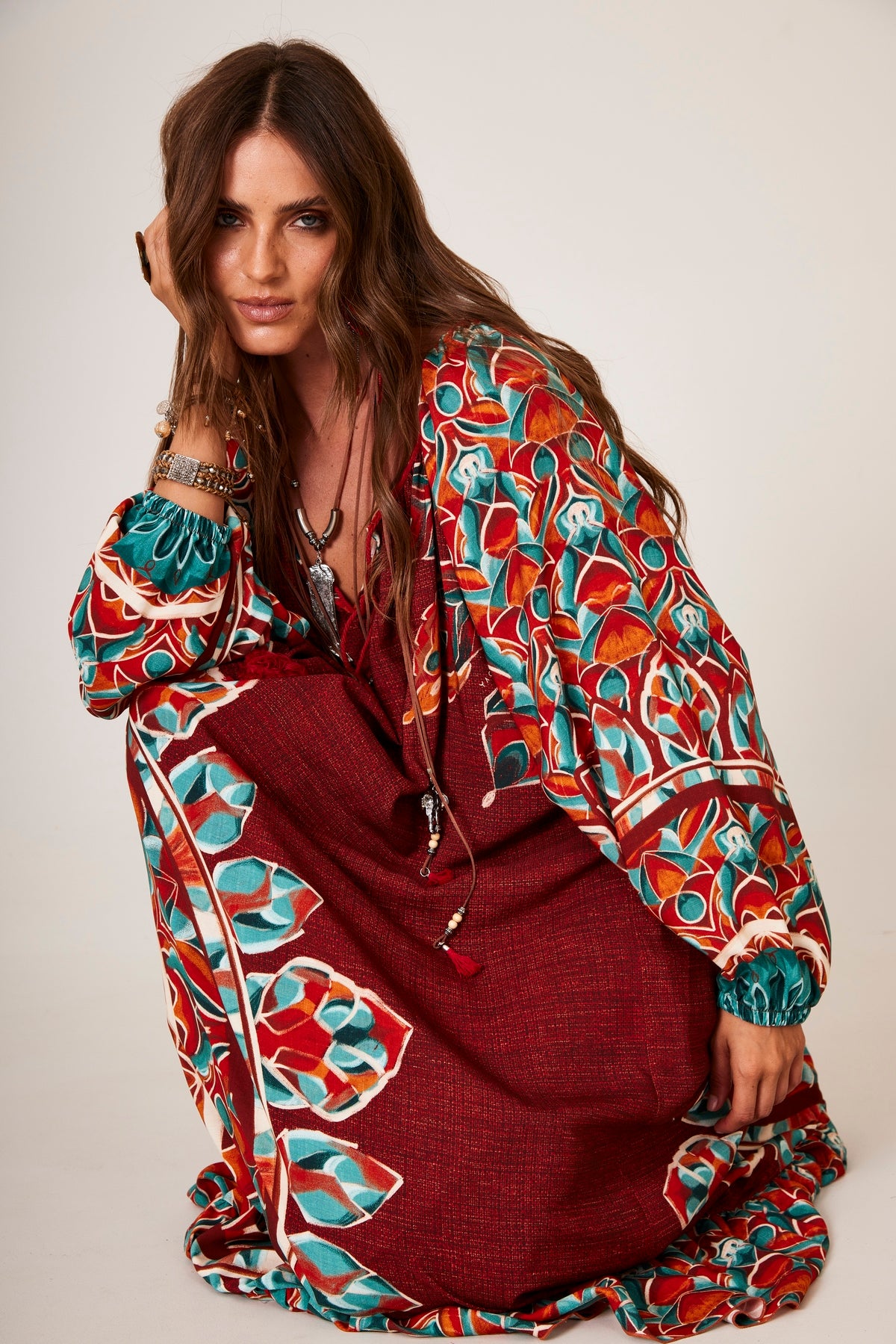 Yacamim Terracotta Long Dress with Mandala Print E2