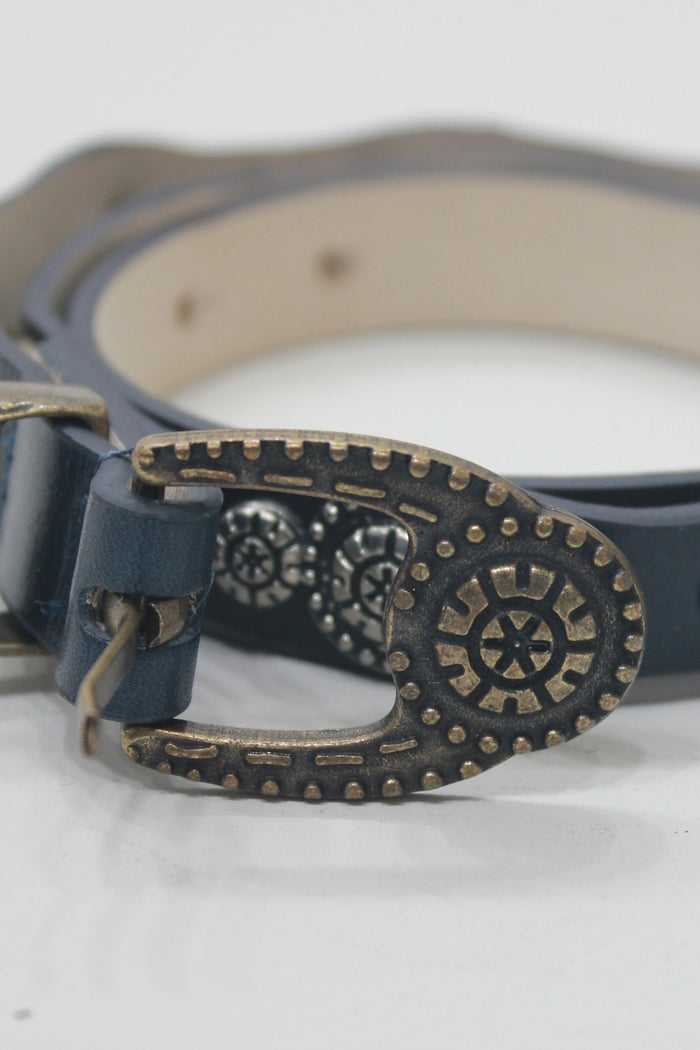 Navy Blue Leather Belt with Antique Gold Buckle Yacamim #667