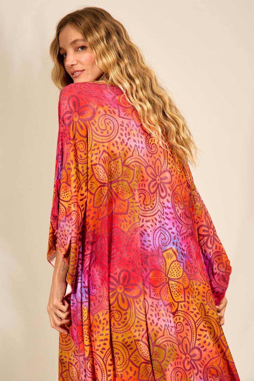 Yacamim J3 Wide Midi Kaftan with Wide Neck in Printed Pink