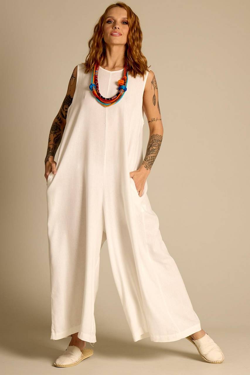 Yacamim White Linen Sleeveless Jumpsuit