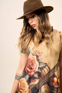 Light Brown Short Sleeve Long Dress Yacamim Guitar Print E15