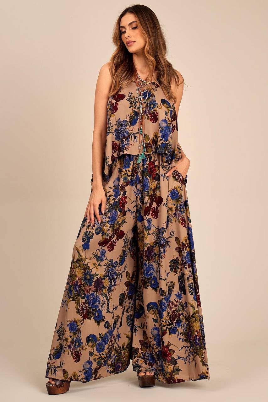 Yacamim Light Brown Printed Flared Wide-Leg Pants