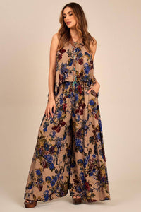 Yacamim Light Brown Printed Flared Wide-Leg Pants