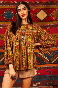 Yacamim Green Printed Long Puffy Sleeve Tunic