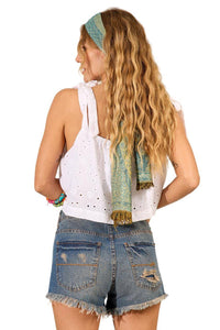 Yacamim White Tie-Strap Broderie Cropped Top I8