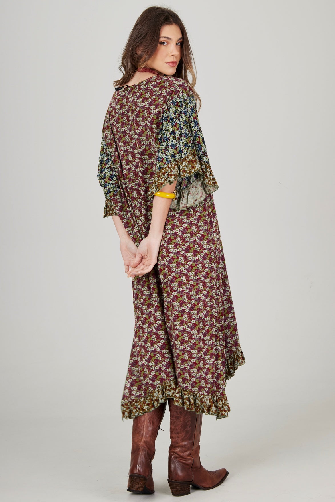 Burgundy and Green Patchwork Kaftan Midi Yacamim J1