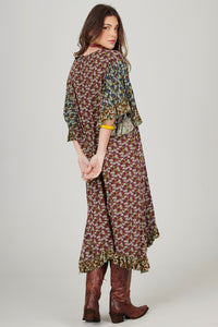 Burgundy and Green Patchwork Kaftan Midi Yacamim J1