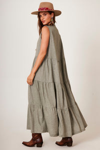 Yacamim D1 Plain Green Linen Sleeveless Long Dress with 3 Ruffles
