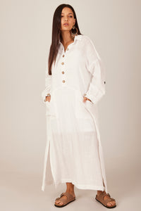 Yacamim Women's White M1 Plain Long Sleeve Slit Midi Dress