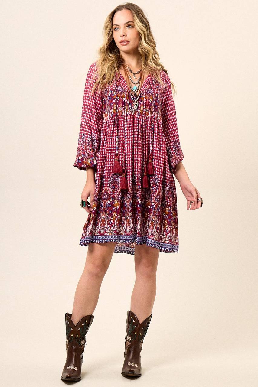 Yacamim Printed Burgundy Short Dress with Puff Long Sleeves