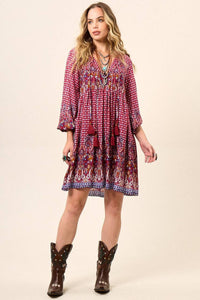 Yacamim Printed Burgundy Short Dress with Puff Long Sleeves