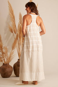 Yacamim Beige Plaid Viscolinho Sleeveless Racerback Maxi Dress