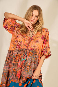 Yacamim Orange Patchwork Long Dress with Puffy Sleeves