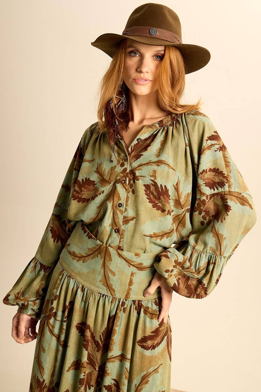 Yacamim A30 Printed Green Wide Linen Shirt with Puffy Sleeves