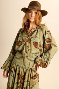 Yacamim A30 Printed Green Wide Linen Shirt with Puffy Sleeves