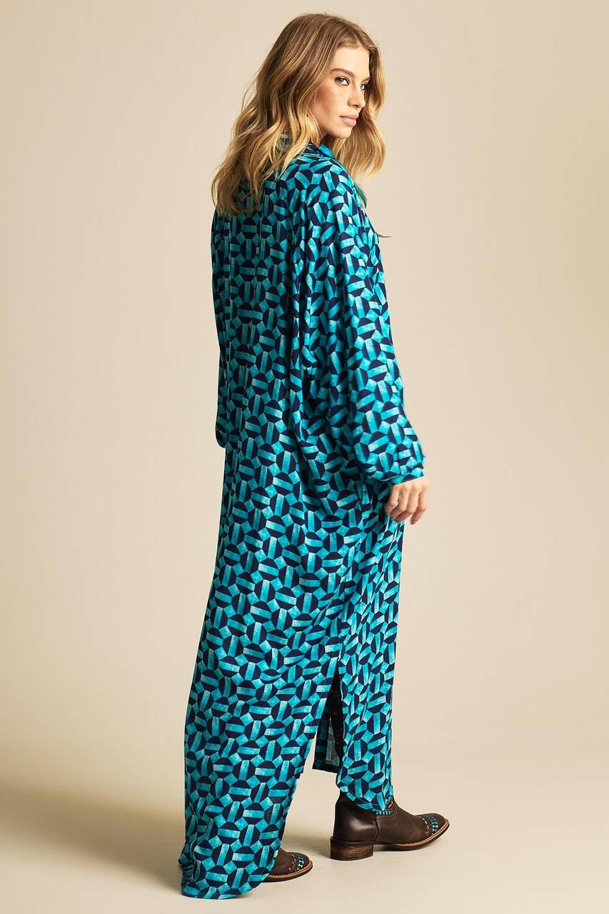 Yacamim Blue Printed Long Shirt with Pockets