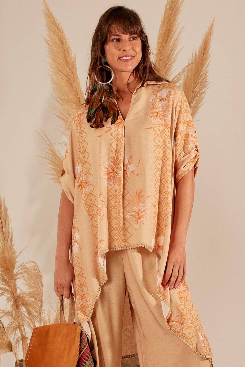 Yacamim Beige Printed Long Back Loose Shirt A5